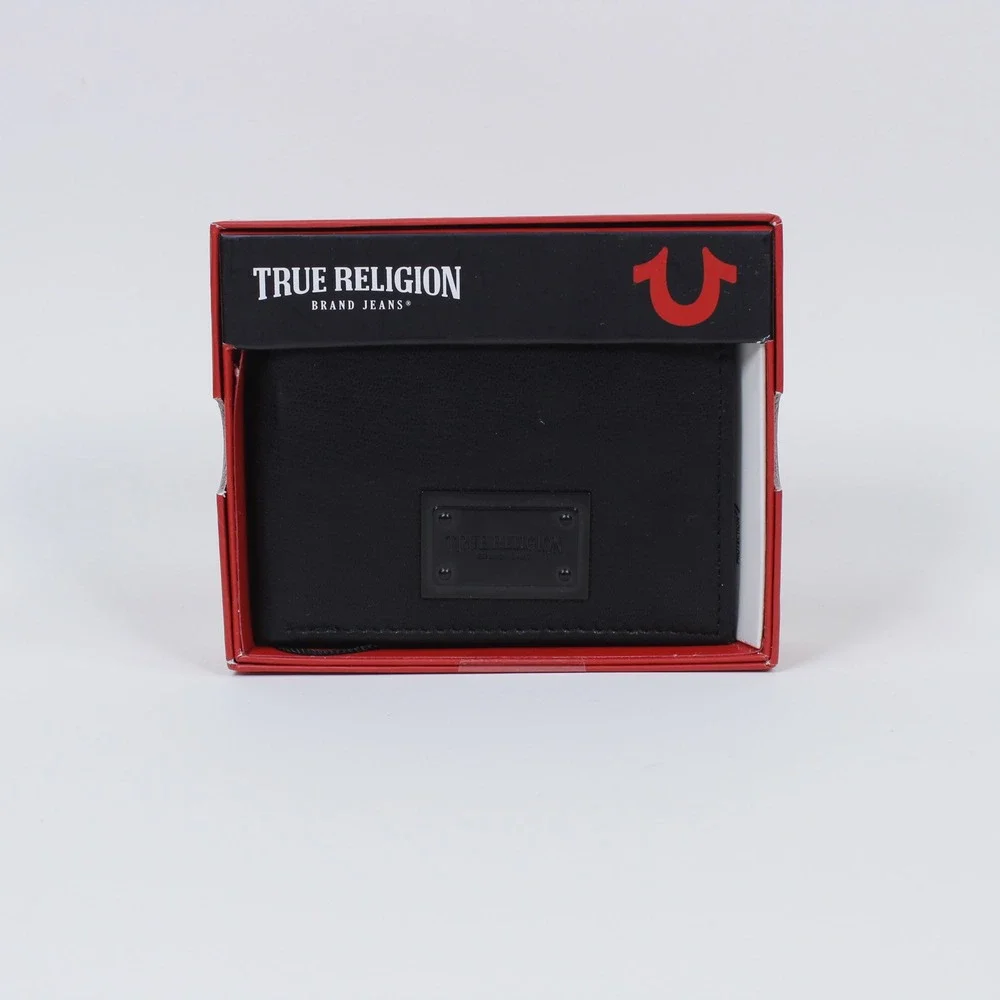 True Religion Men's Black Leather Bifold Wallet Matte Black Logo Plate Rfid Nib
